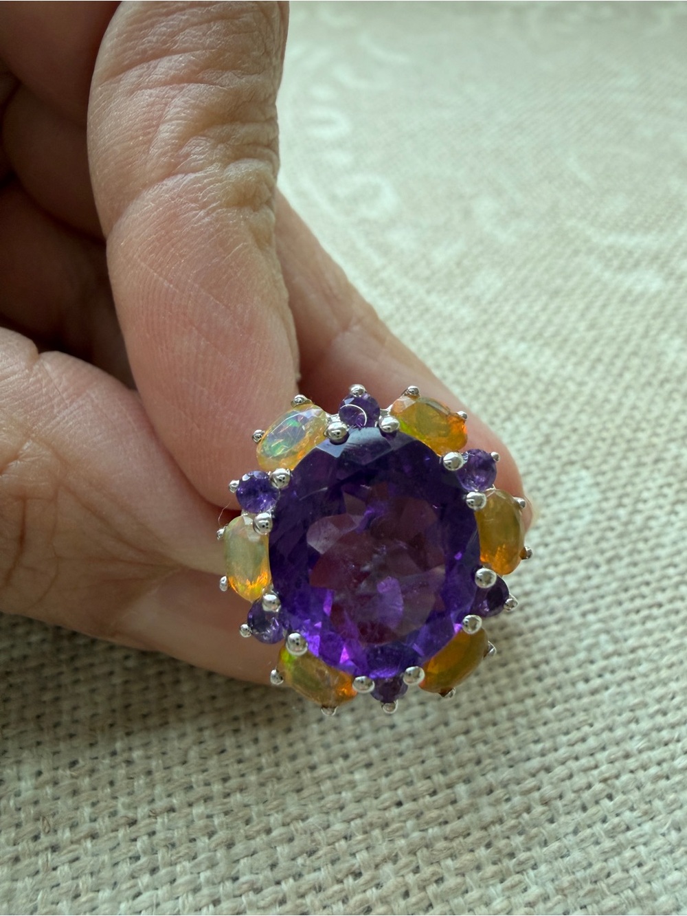 STERLING SILVER AMETHYST
& OPAL RING, SZ 6, SAM